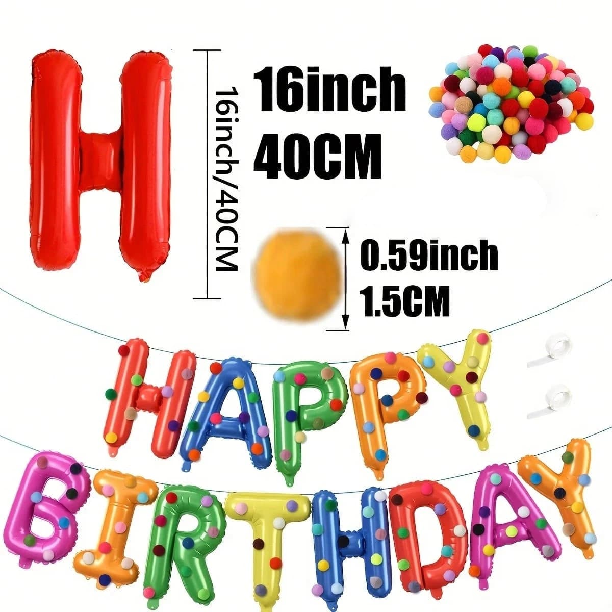 Birthday Party Decoration Set, Rainbow Balloons, Felt Ball Mix, Premium Foil Pull-Up Banner, Happy Birthday Wall Decoration