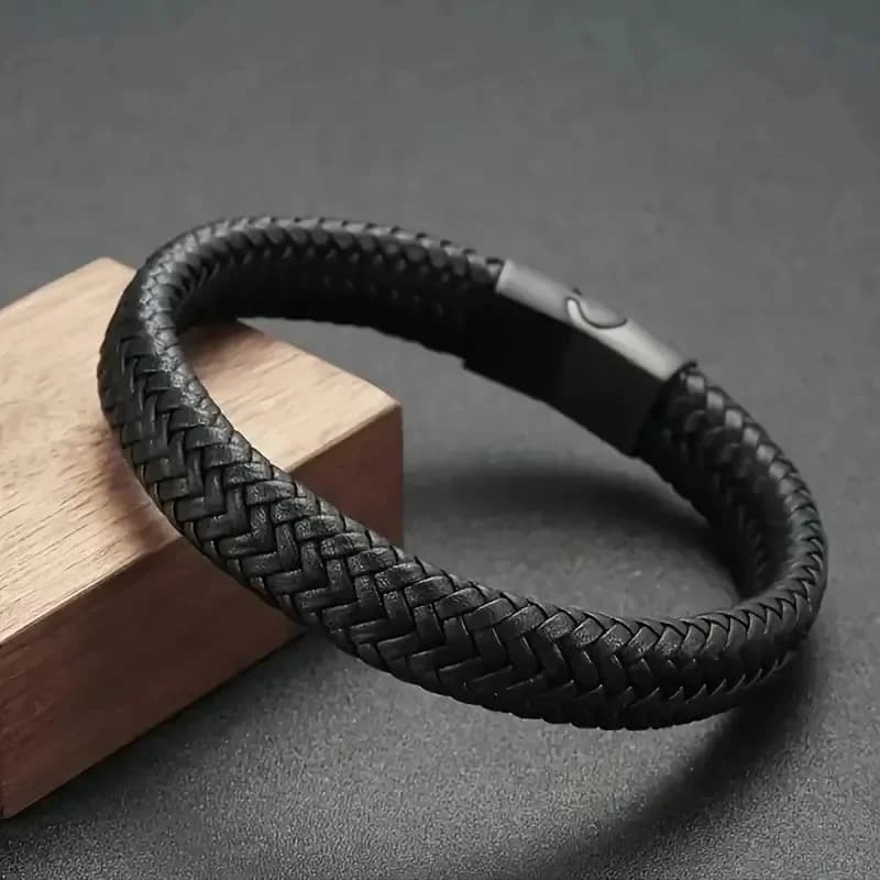 Men's Black Leather Magnetic Wristband