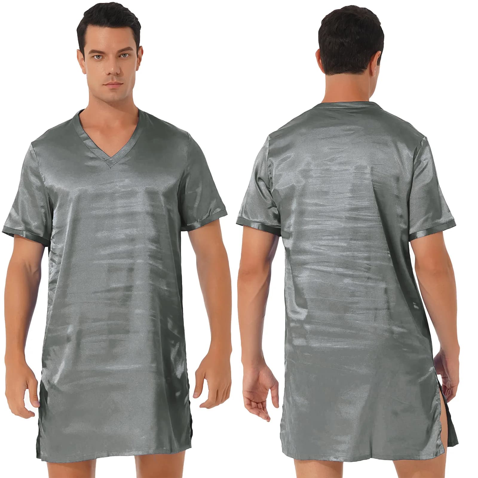 Men's Satin V-Neck Short Sleeve Nightshirt