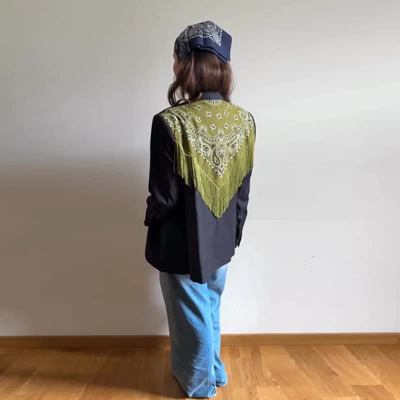 Women's Bandana Print Blazer with Fringe Shawl Back