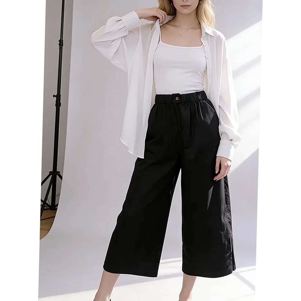 Black Wide Leg Casual Trousers with Pockets
