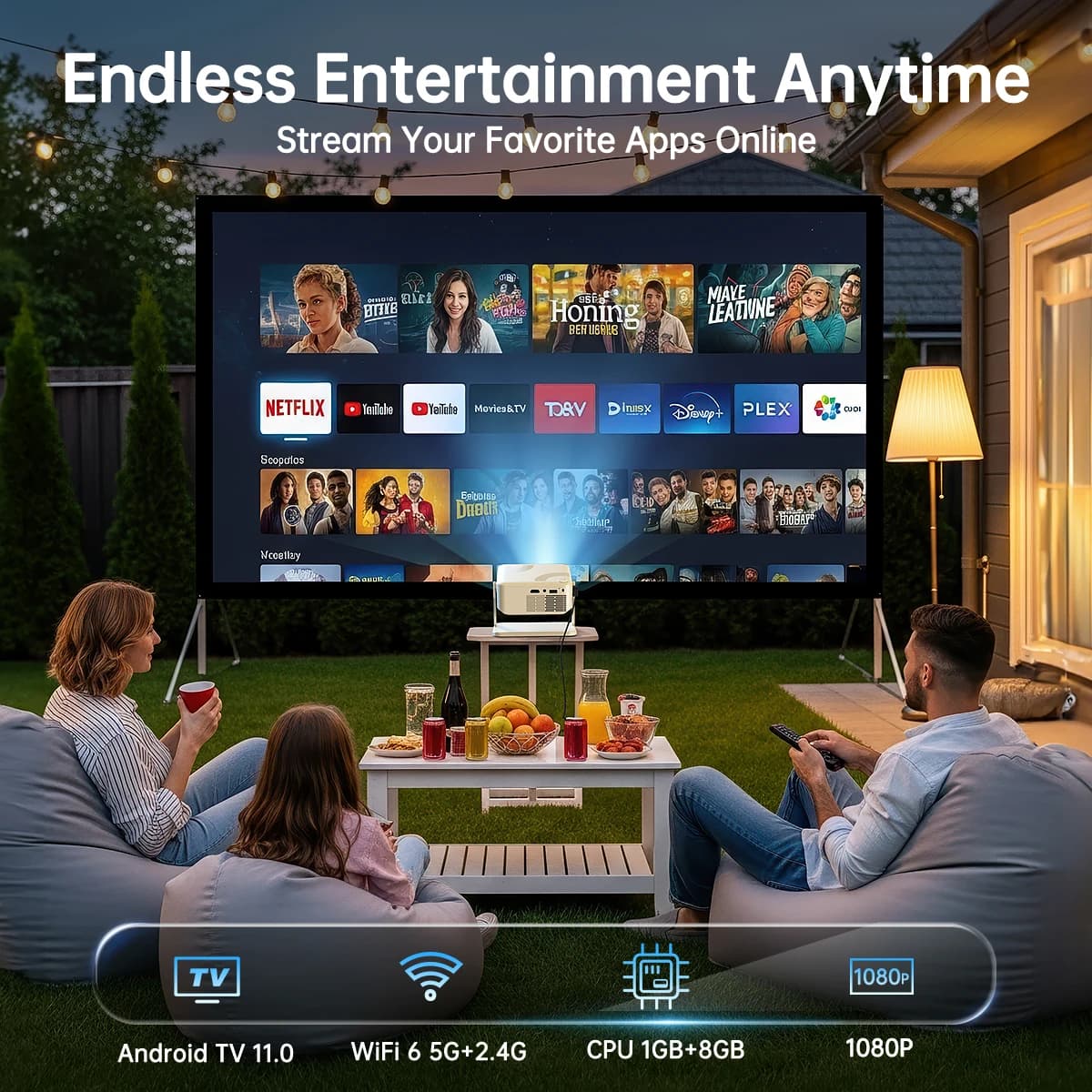 Mini Projector 280 ANSI, Supports 1080P, Portable Smart Projector with WiFi 6 & Bluetooth 5.2, Android 10, 1GB+8GB, Home Theater