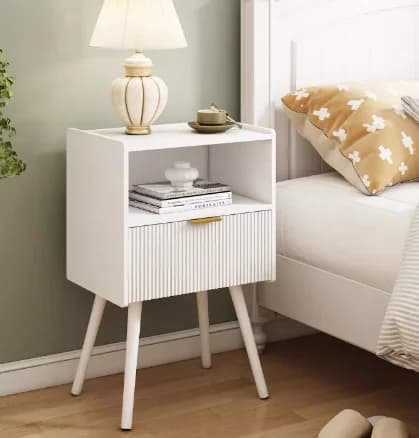 Nightstand Modern Bedside Table Charging Station And LED Lights Night Stand Storage Drawer Solid Wood Legs Organizer Vanity