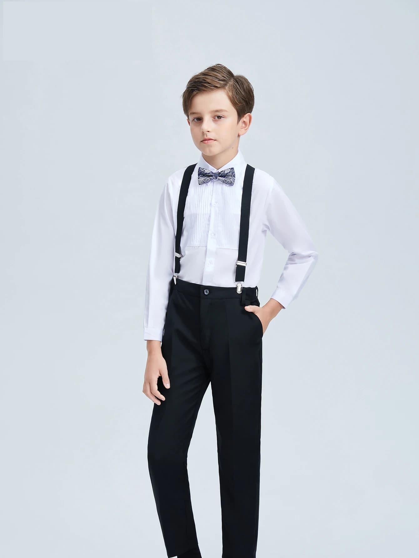 4pcs/set Boys' Suit Set With  Shirt , Pants  Tie And Straps School Uniforms