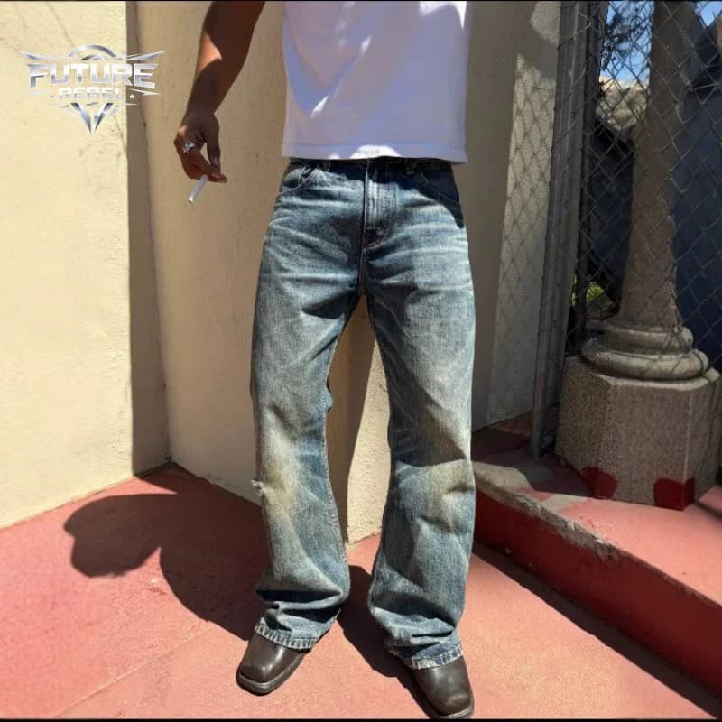Vintage Washed Distressed Flare Denim Jeans