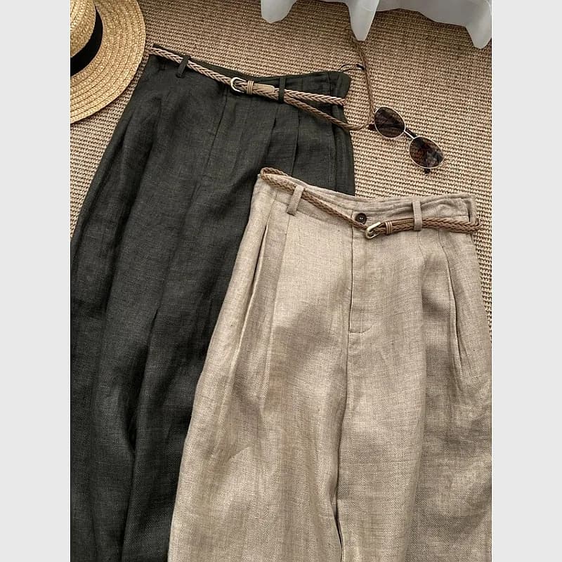 Khaki Linen Wide-Leg High-Waist Summer Pants