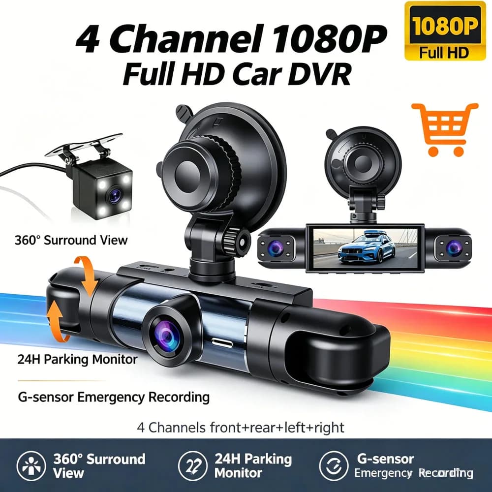 Dash Cam 3.16-inch Car Driving Recorde 360° Rotating with Four Lens 1080P Rear/Left/Right 720P,WiFI Night Vision, Loop Recording