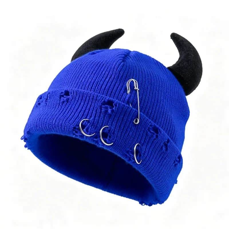Devil Horn Knit Beanie with Ring Pin