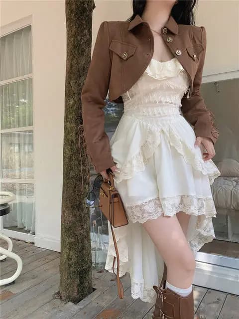 White Sling Patchwork Lace Ruffle Dress
