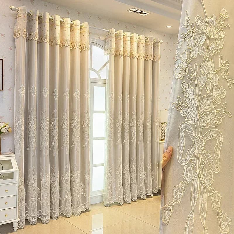 Embroidered Blackout Curtain Panel with Sheer Tulle