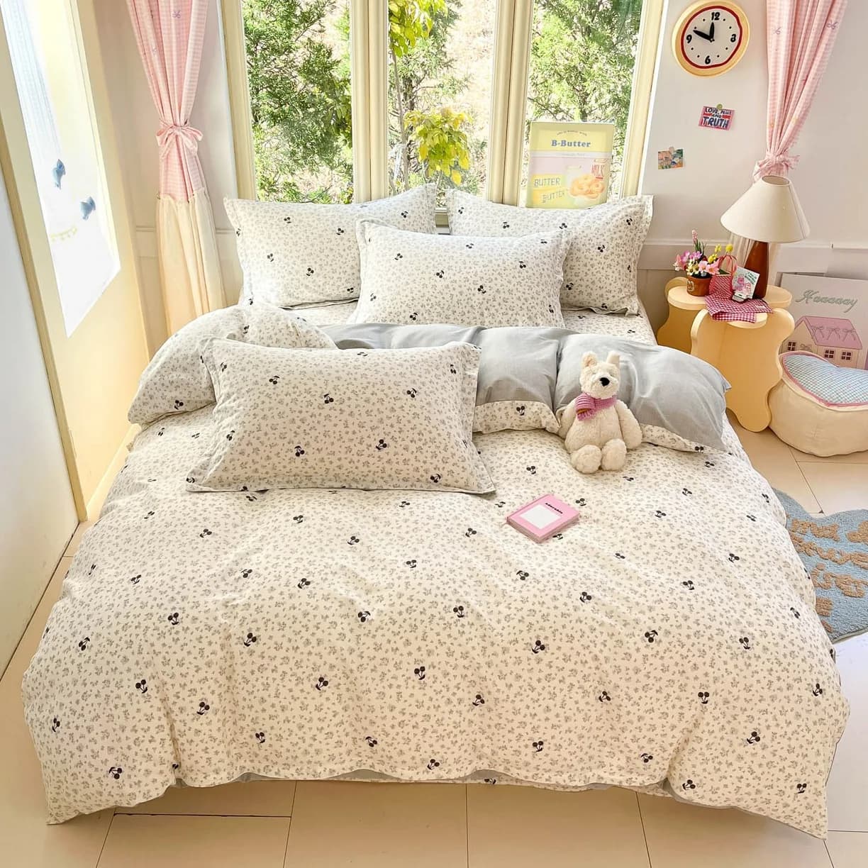 Cartoon Print 100% Cotton Bedding Sets Queen King Floral Duvet Cover Set with Flat Sheets and Pillowcase Single Double Bed Set
