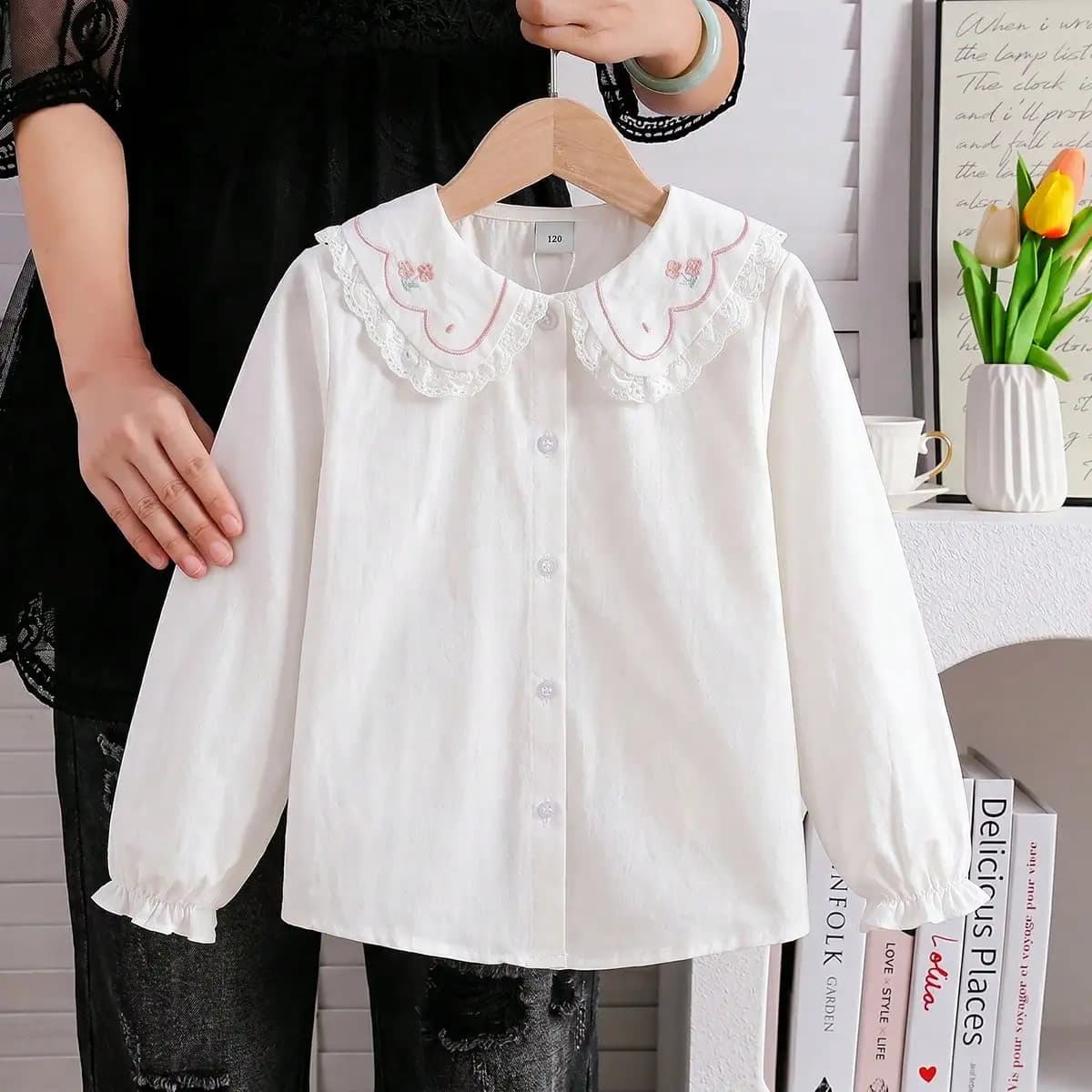 Girls White Cotton Long-Sleeve Ruffled Collar Shirt