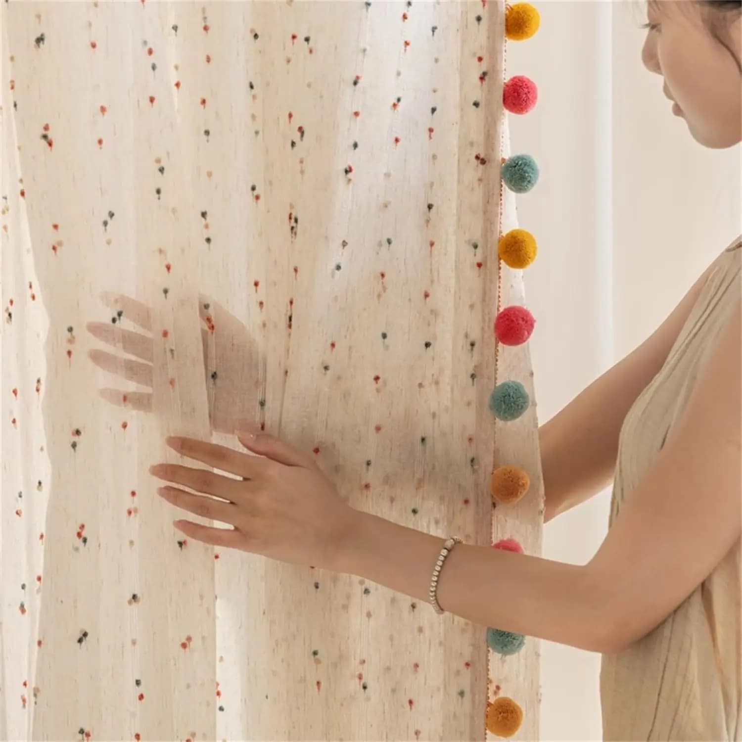 Rainbow Stripe Sheer Curtain Panels with Pompom Trim