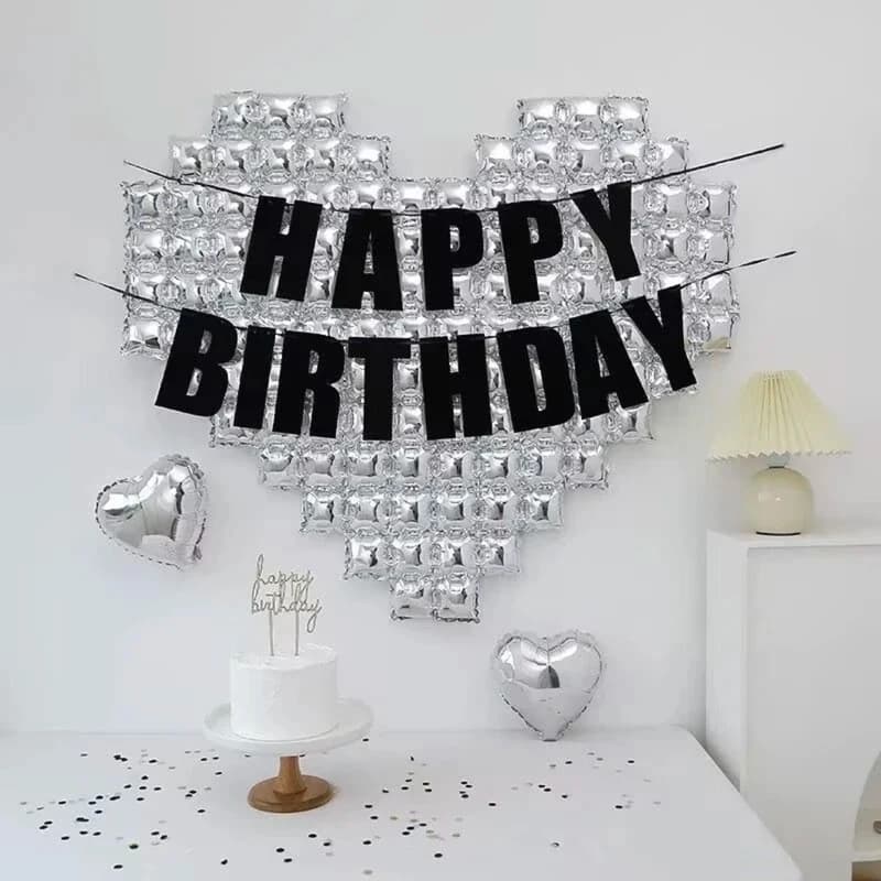 Silver Mosaic Heart Backdrop Birthday Balloon Banner