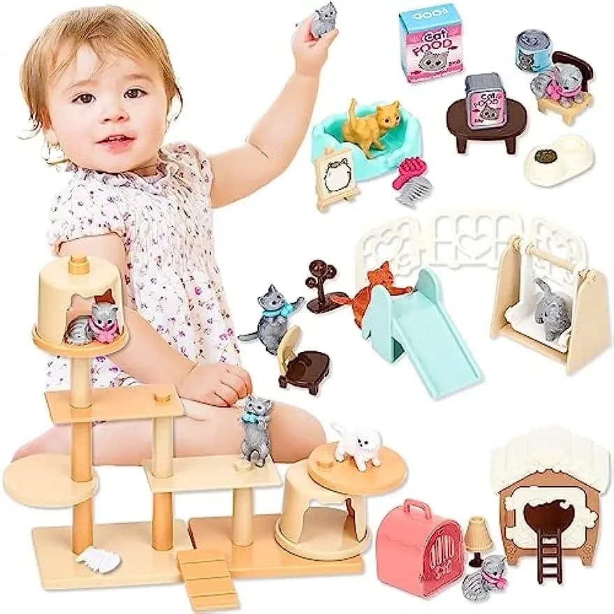 Cat Toys Pretend Play Cat Figures Playset Toy Interactive Kitten Role Play Set Realistic Cats Care Center For Girls Boys Birthda