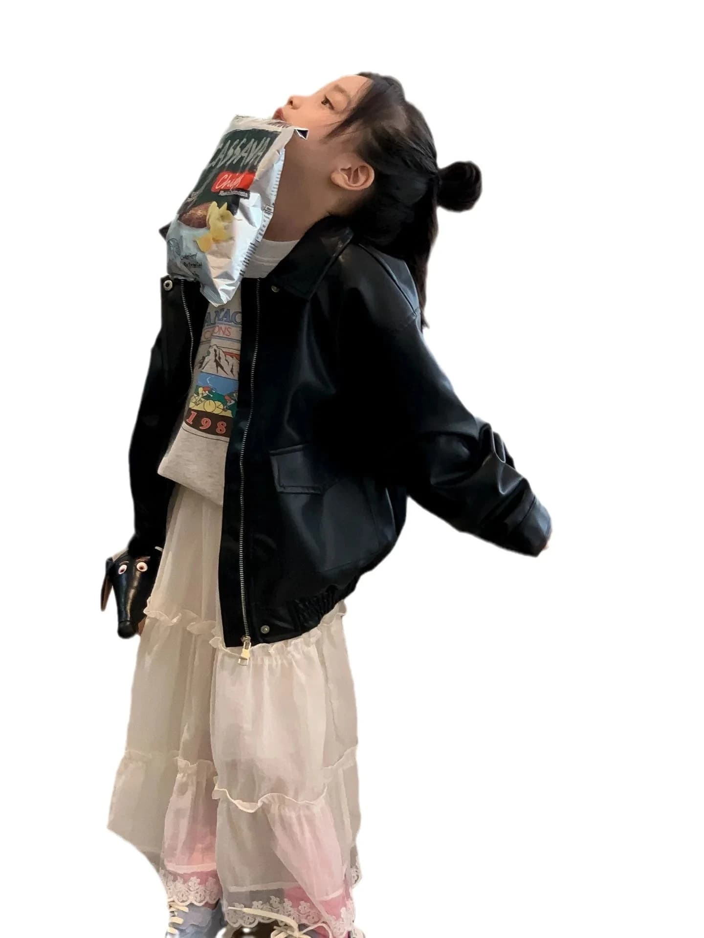 Girls Retro Black Leather Jacket