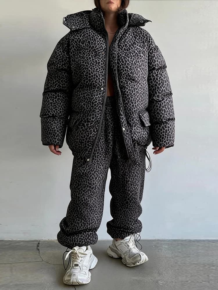 Women's Striped Hooded Padded Jacket and Lantern Pants Set