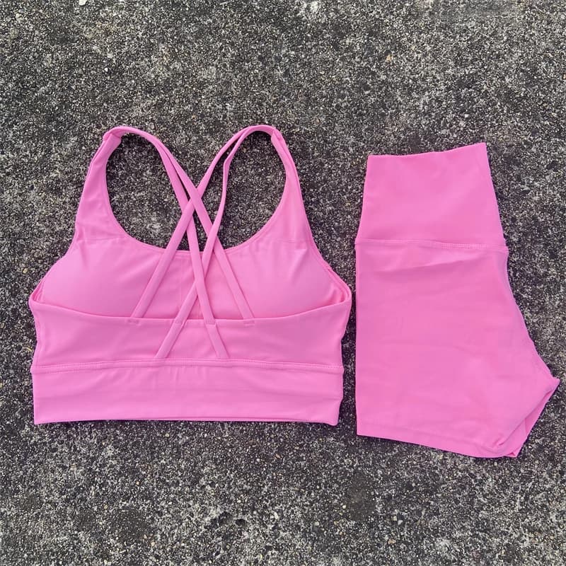 Yoga Shorts Set Gym Sports Set Women Workout Clothes 2 Piece Fitness Suit Cross Straps Bra High Waist Shorts Running Tracksuit