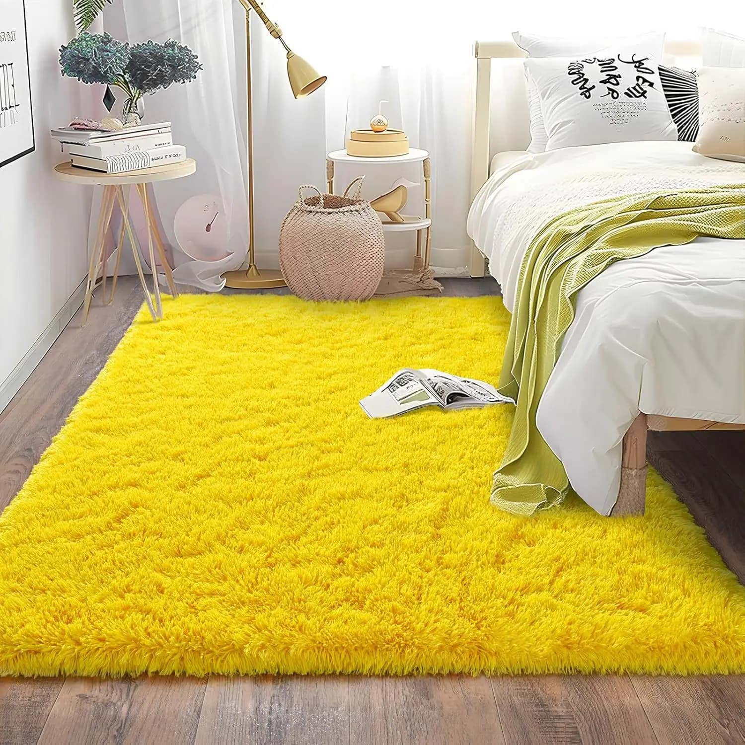 Soft Yellow Plush Area Rug Non-Slip