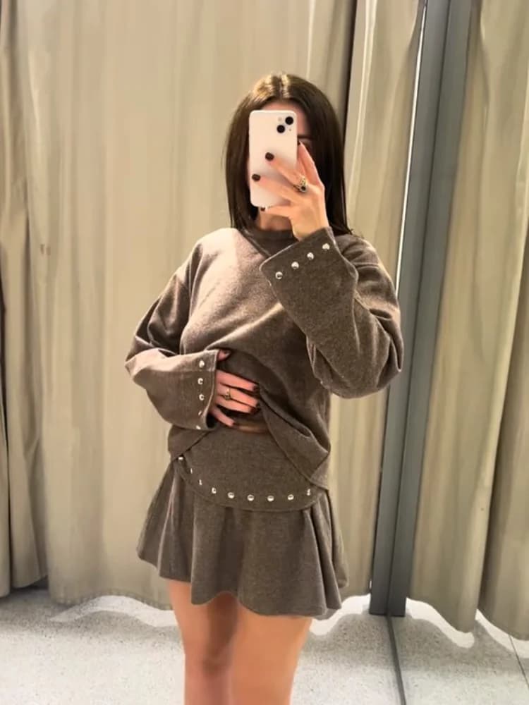 Knitted Sweater and Pleated Skirt Set