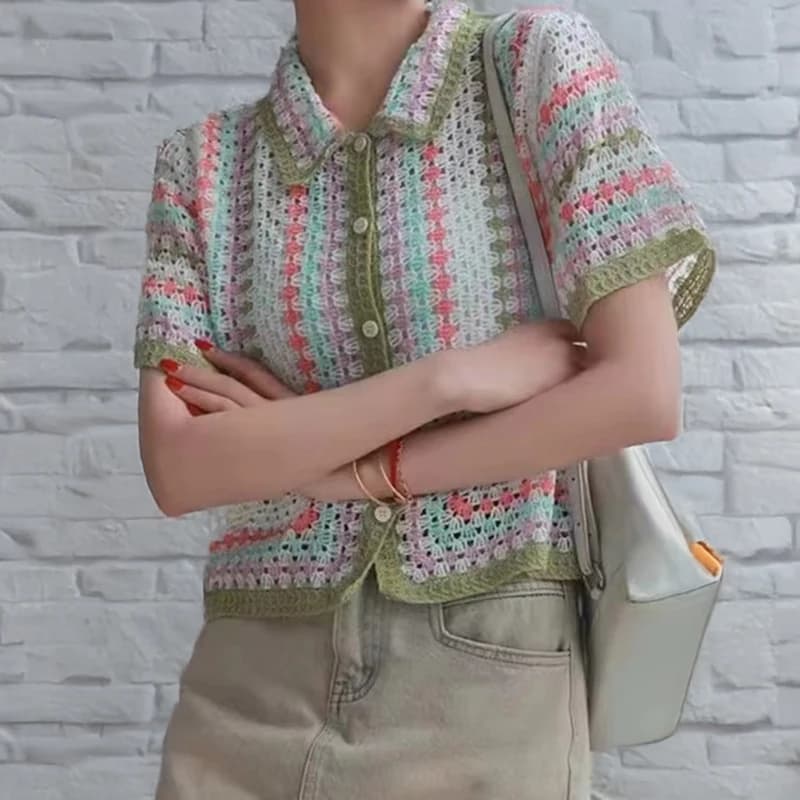 Short Sleeve Striped Crochet Collared Shirt