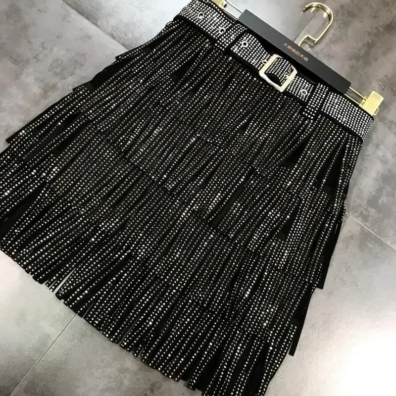 Women's High Waist A-Line Rhinestone Fringe Skirt