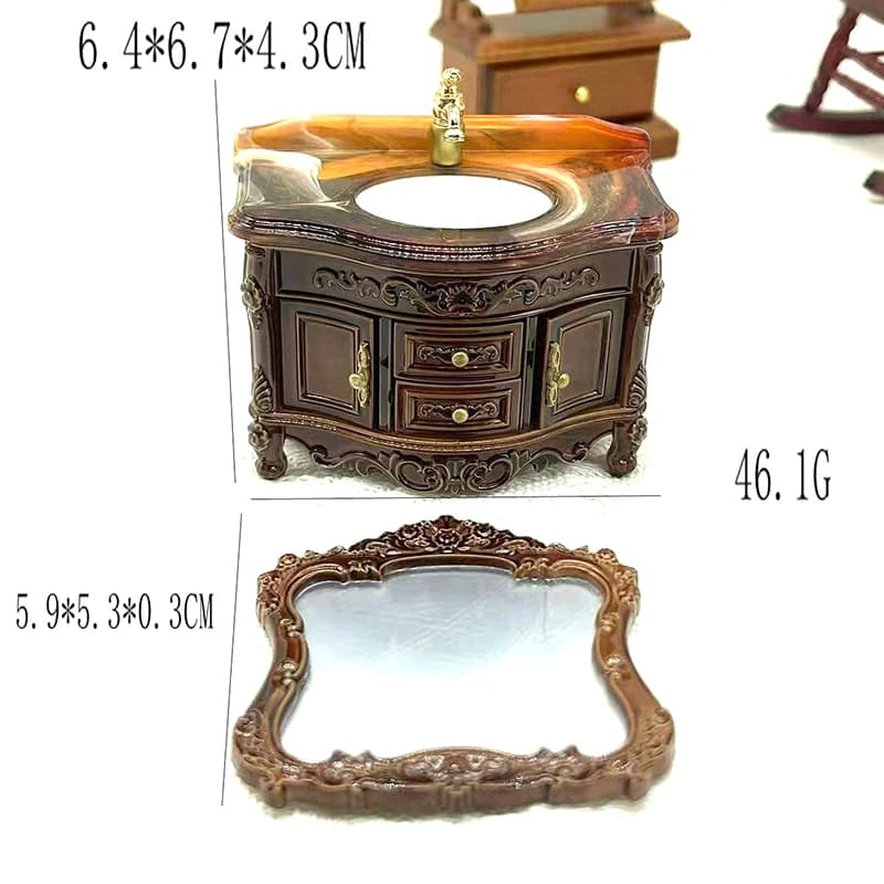 Dollhouse Decoration Accessories; Mini Bathroom Furniture with Basin, Sink and Mirror.