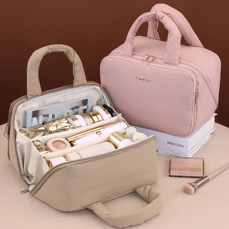 Toiletry Bag with Divider and HandleLarge Capacity Wide-Open Makeup Organizer Zipper Closure New Design Cute Travel Cosmetic Bag