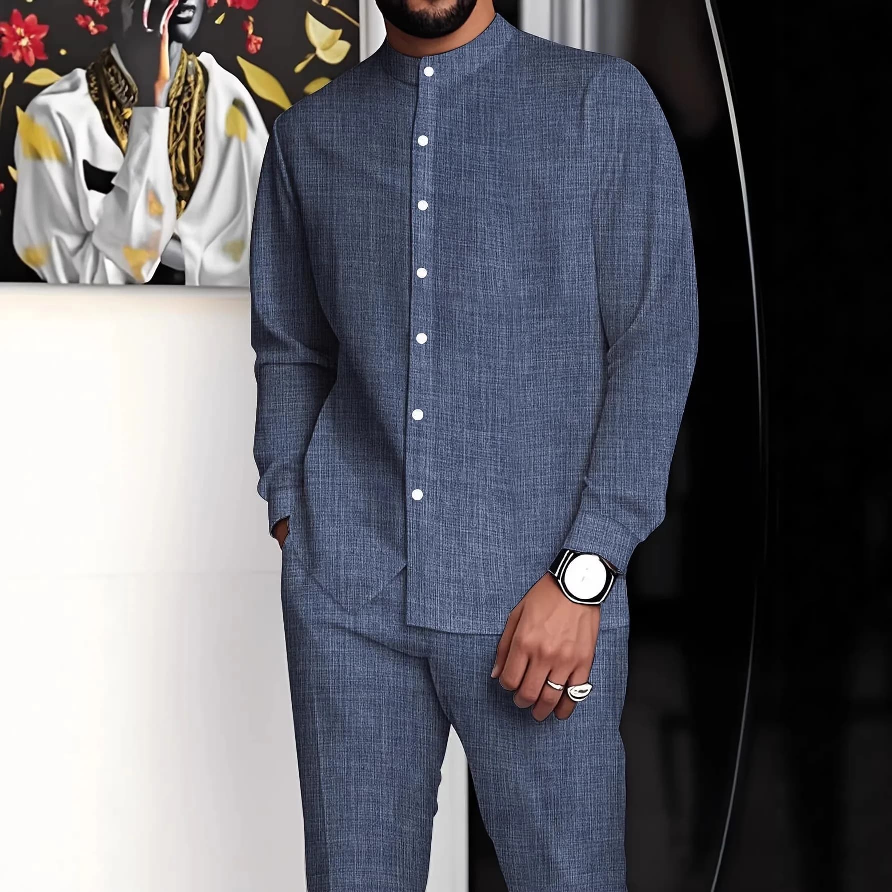 Ethnic Stand Collar Shirt and Pants Set