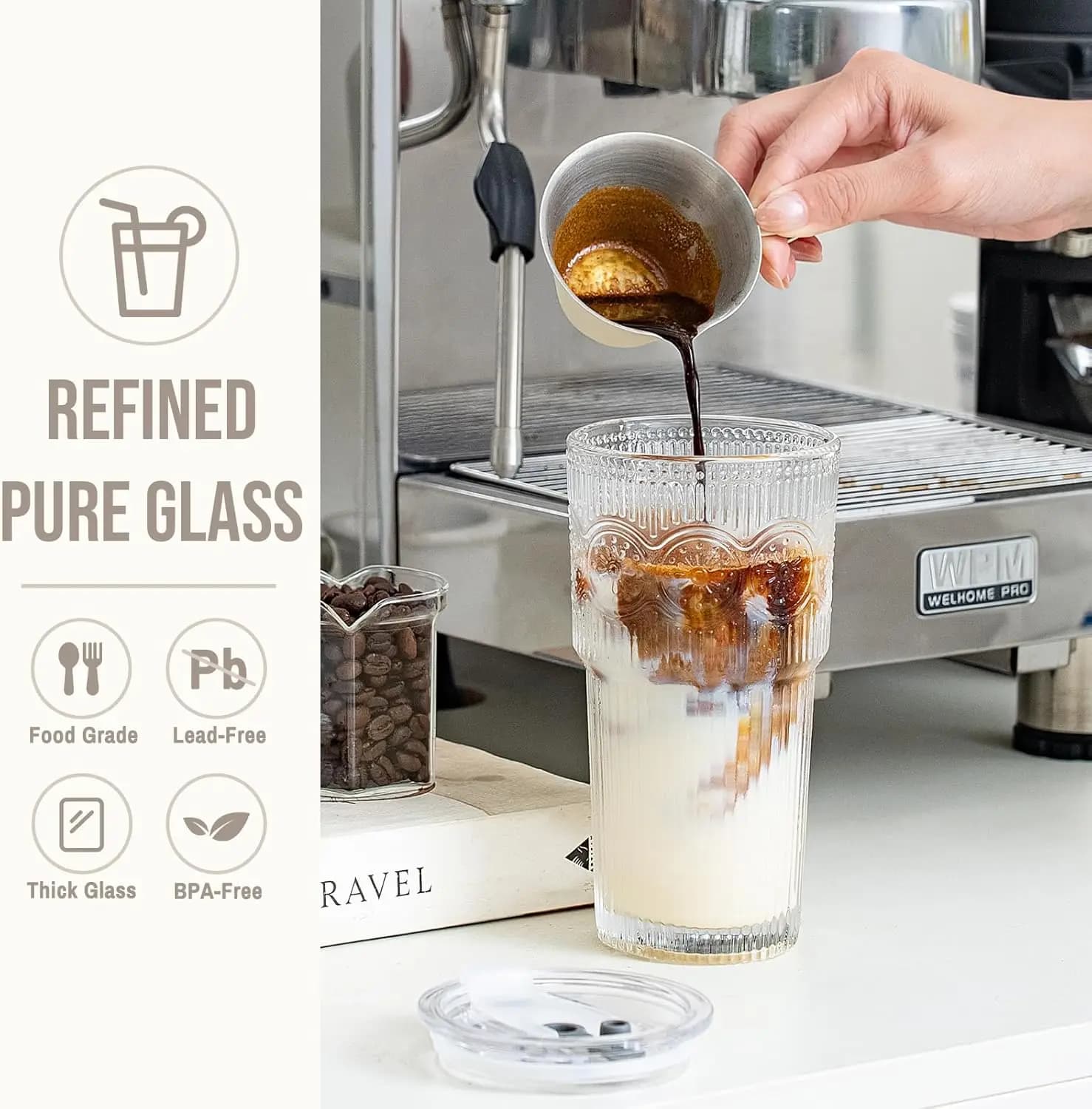500 ML Ribbed Glass Tumblers with Lids and Straws