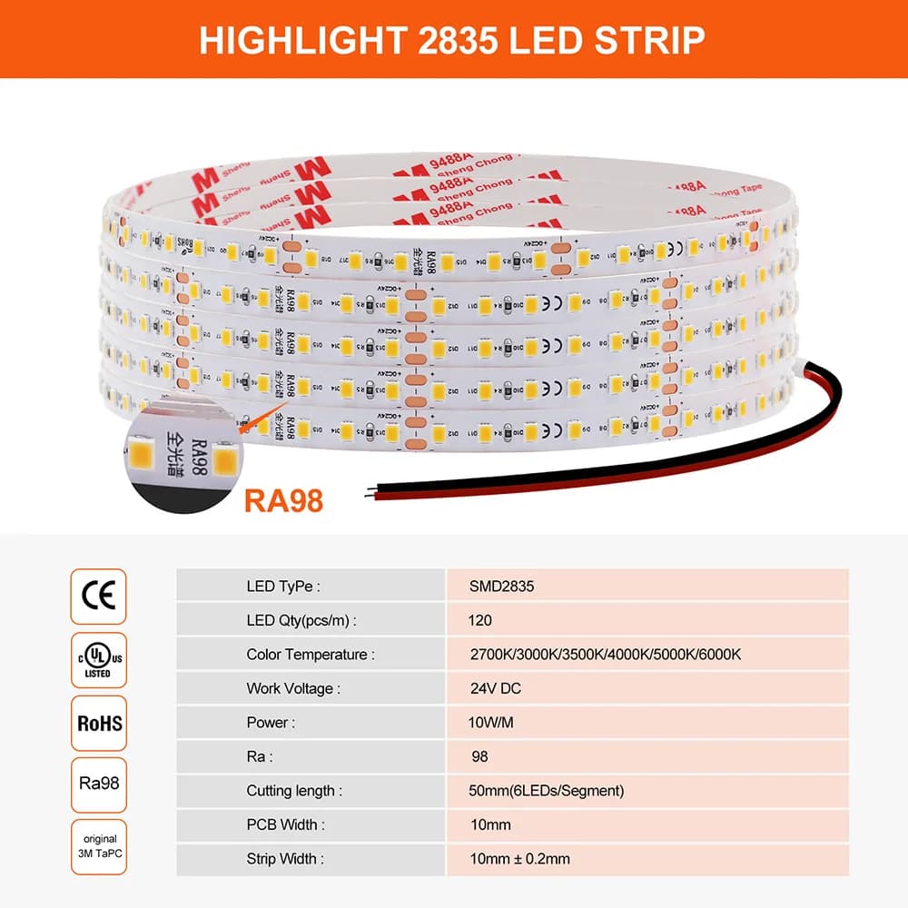 LED Strip Light 2835 24V 5m 10m RA98 2700K 3000K 3500K 4000K 5000K 6000K Flexible Tape Stripe Super Bright 120LED Home Lighting