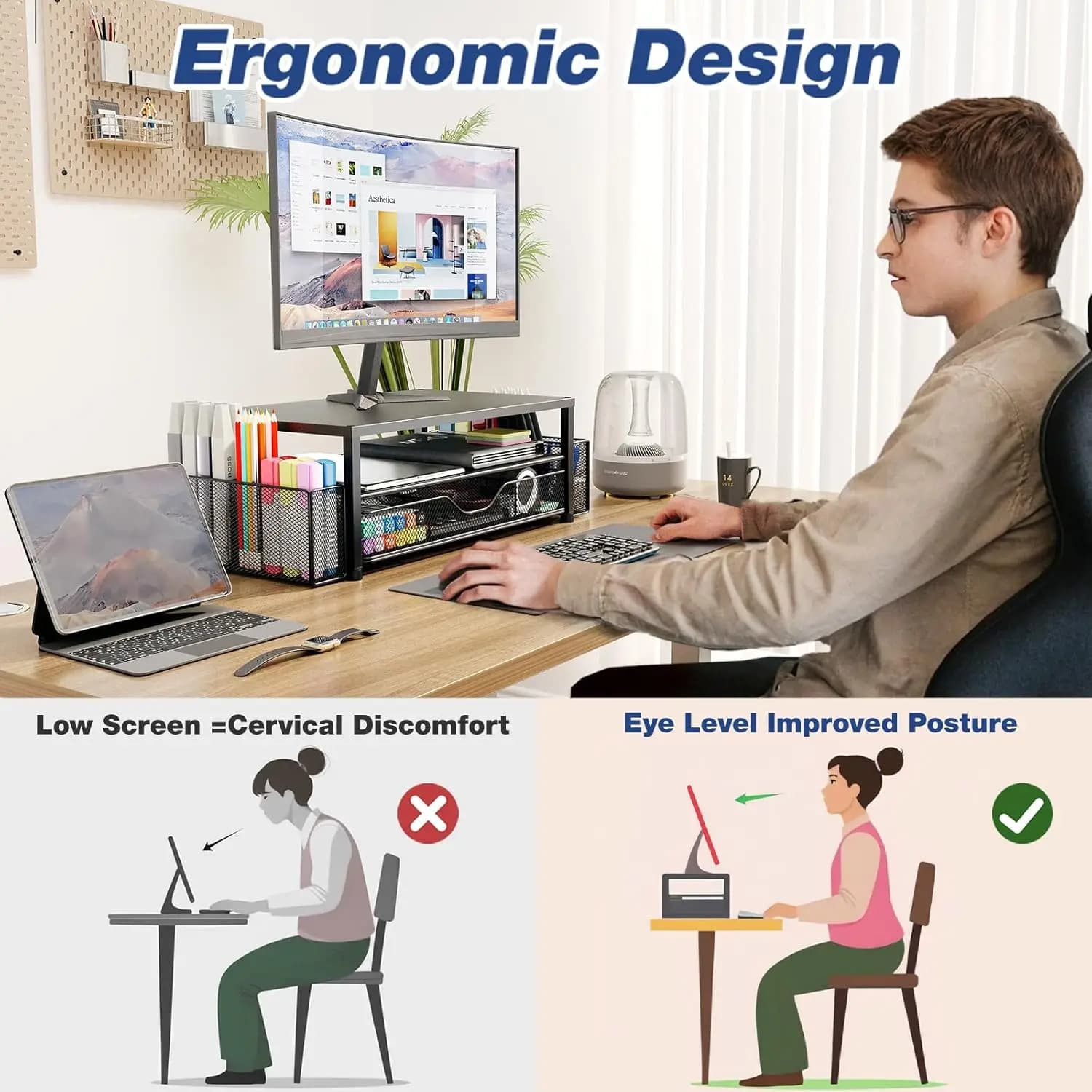 2-Tier Monitor Stand with Drawer and Pen Holders