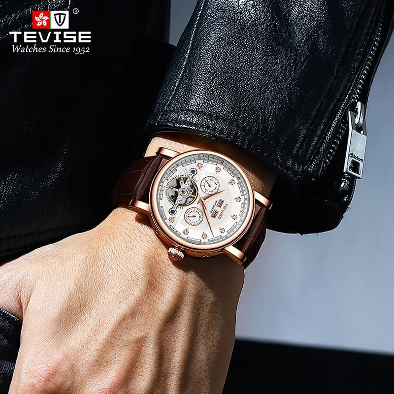 TEVISE Watch for Man Automatic Mechanical Movement Casual Leather Wristwatch Luminous Waterproof Business Gift