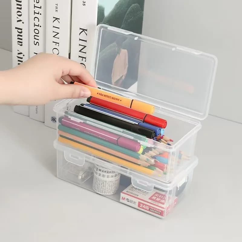 Four Large Transparent PP Storage Boxes with Safety Covers, Suitable for Office Supplies, School Supplies, Markers and Pencils
