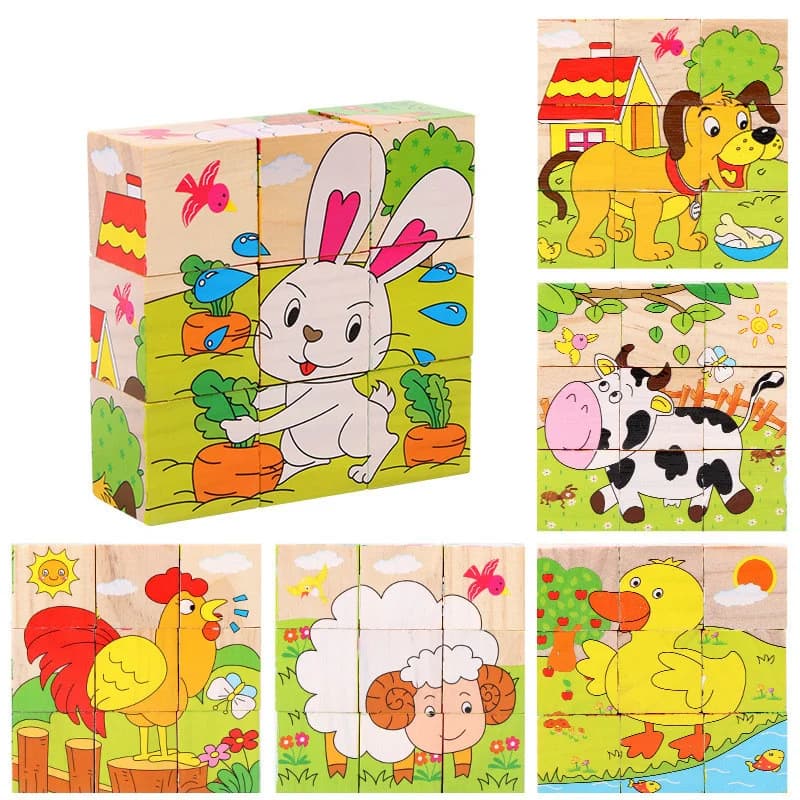 Wooden Animal Cube Puzzle Blocks