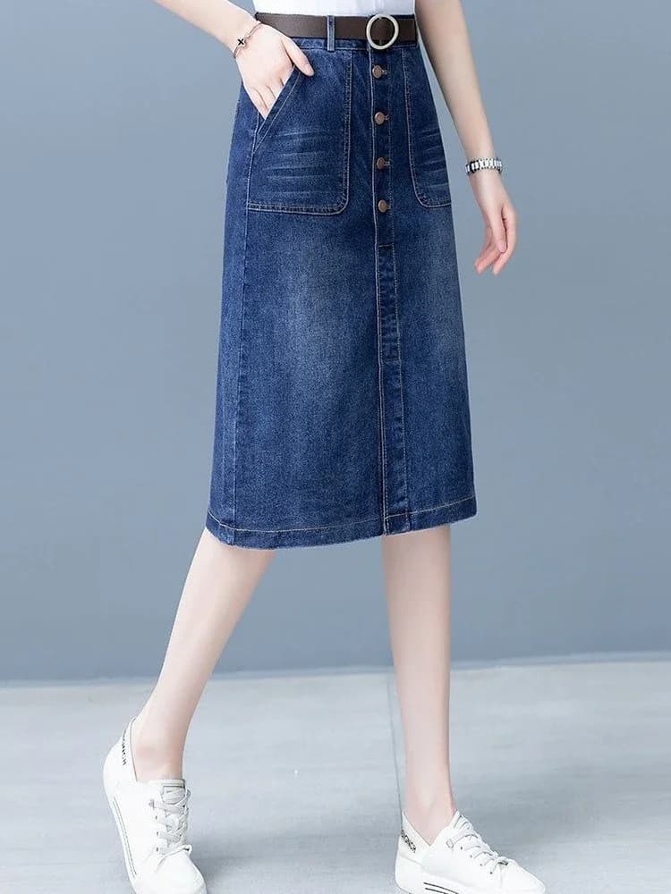 High Waist Denim Midi Skirt with Slit