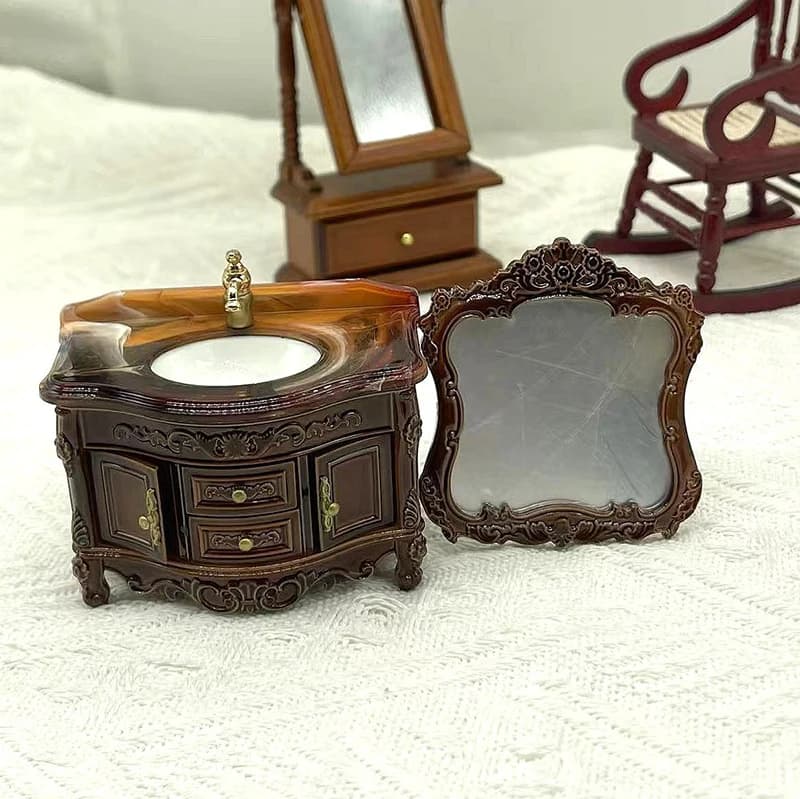 Dollhouse Decoration Accessories; Mini Bathroom Furniture with Basin, Sink and Mirror.