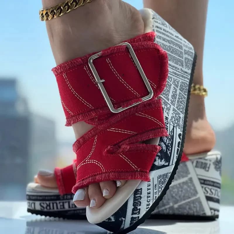 Women's Buckled Denim Platform Wedge Sandals