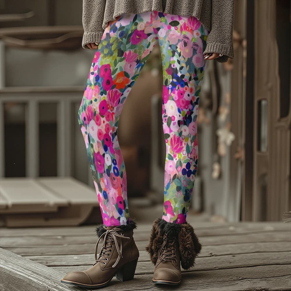 Colorful Blooming Flowers Pattern Women's Leggings Autumn Winter Warm Fashion Tights Stylish Outdoor Look Fashion Streetwear