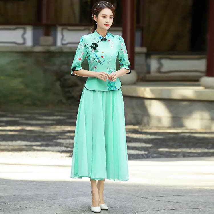 Embroidered Qipao Cheongsam Top with Pants Set