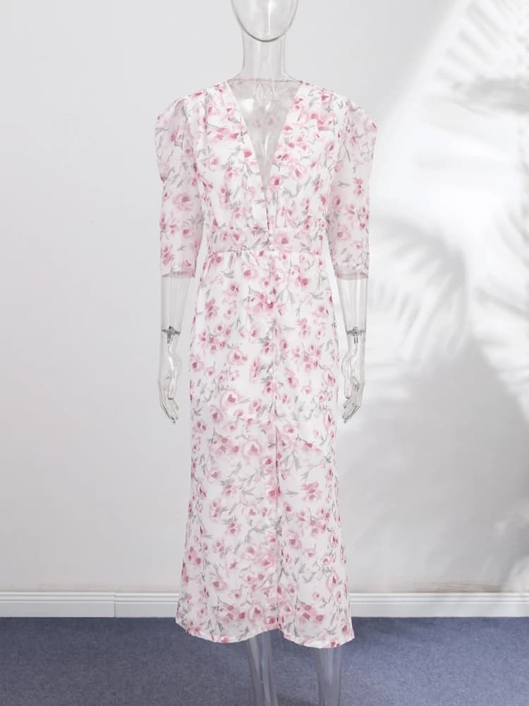 Print Dress Women's Floral Dresses Deep V-Neck Puff Sleeves Waist Button Elegant Linen Blend Maxi Dress Woman Clothes Daily Wear