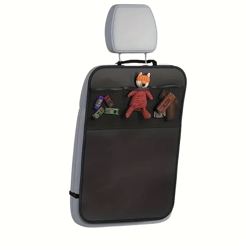 Black Seat Cover for Kids with 3 Pocket Storage Organizer, Waterproof Kick Mats Backseat Protector, Car Seat Back Protectors