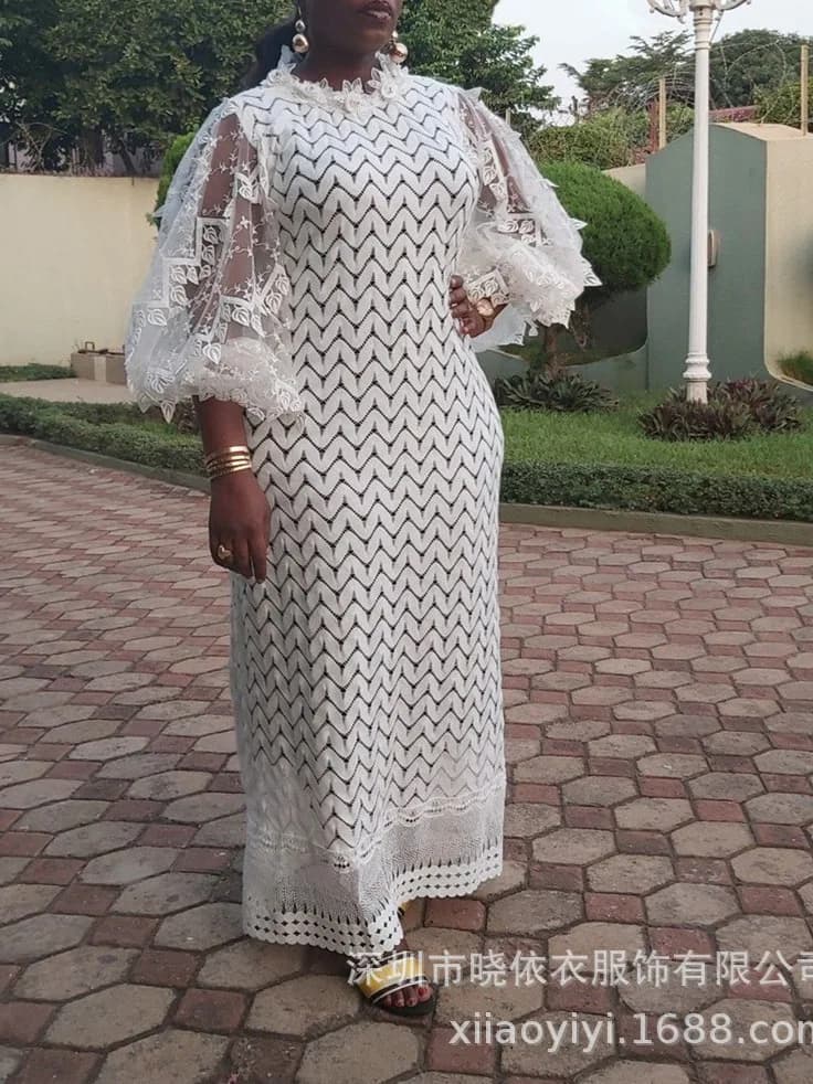 Elegant Lace Maxi Dress with Puff Sleeves