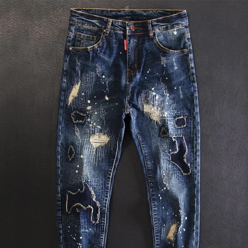 Men's Straight Crop Motorcycle Graphic Denim Jeans