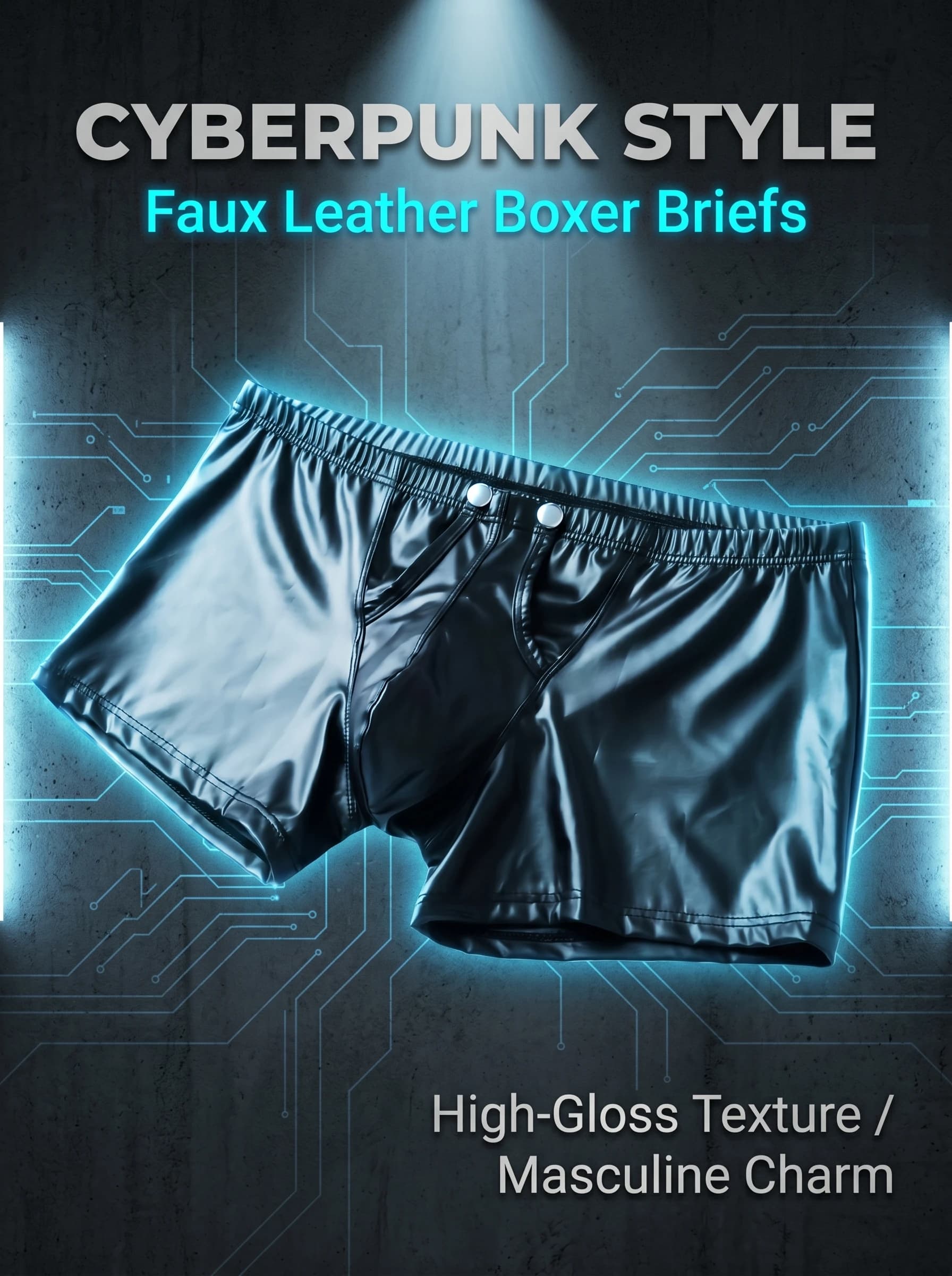 Men's PU Leather Boxer Briefs with Raised Button