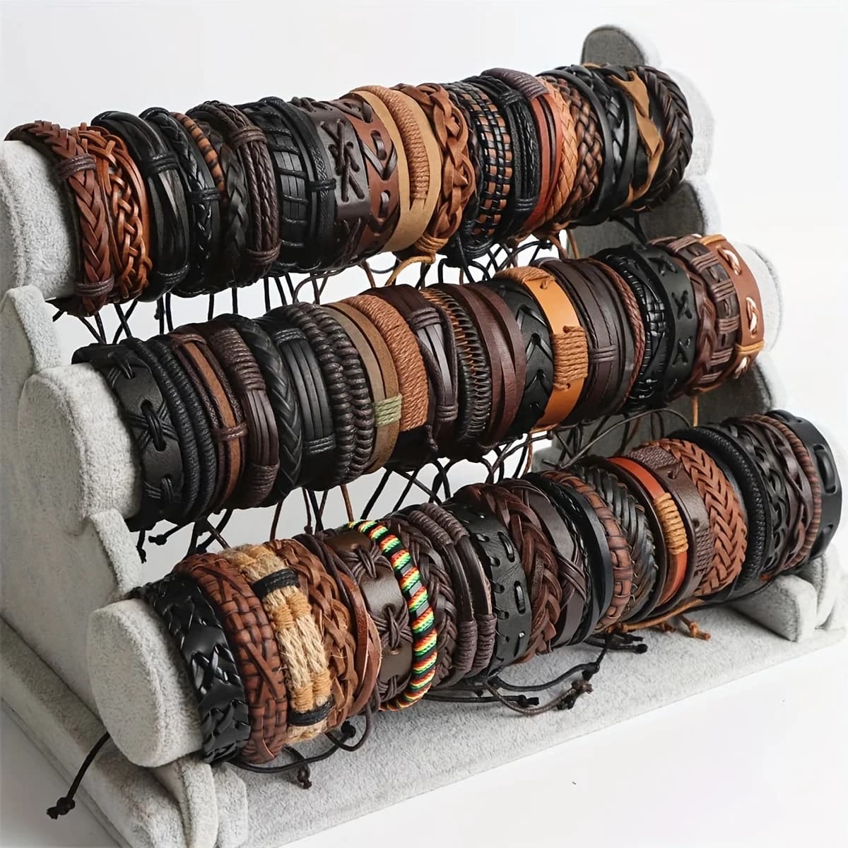 Braided Leather Bracelets with Wood Beads