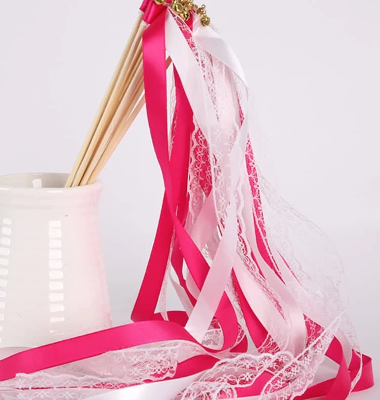White Ribbon Wand with Lace and Bells