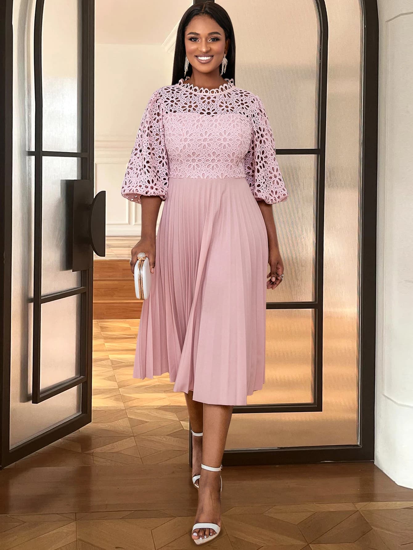 White Lace Puff Sleeve Pleated A-Line Dress