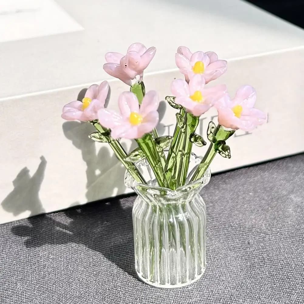 Hand-Blown Glass Flower Bouquet with Vase