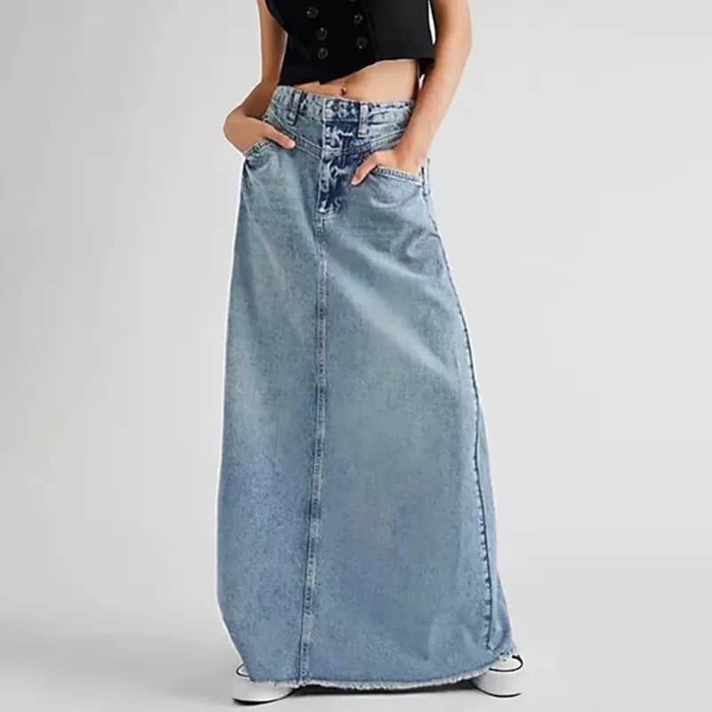 Women's A-Line Denim Skirt with Distressed Splice